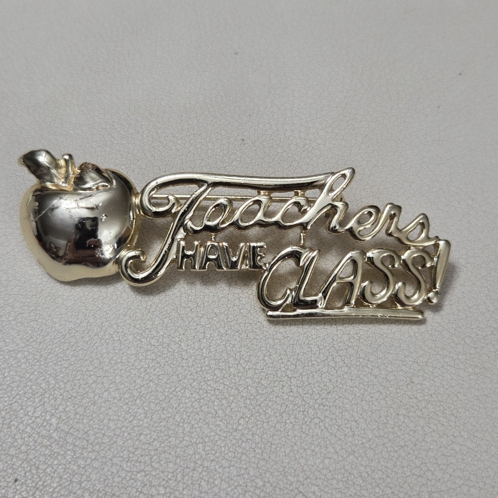 Vintage AJC Signed Gold Tone‎ Teachers Have Class  Apple Theme Brooch Pin AS IS